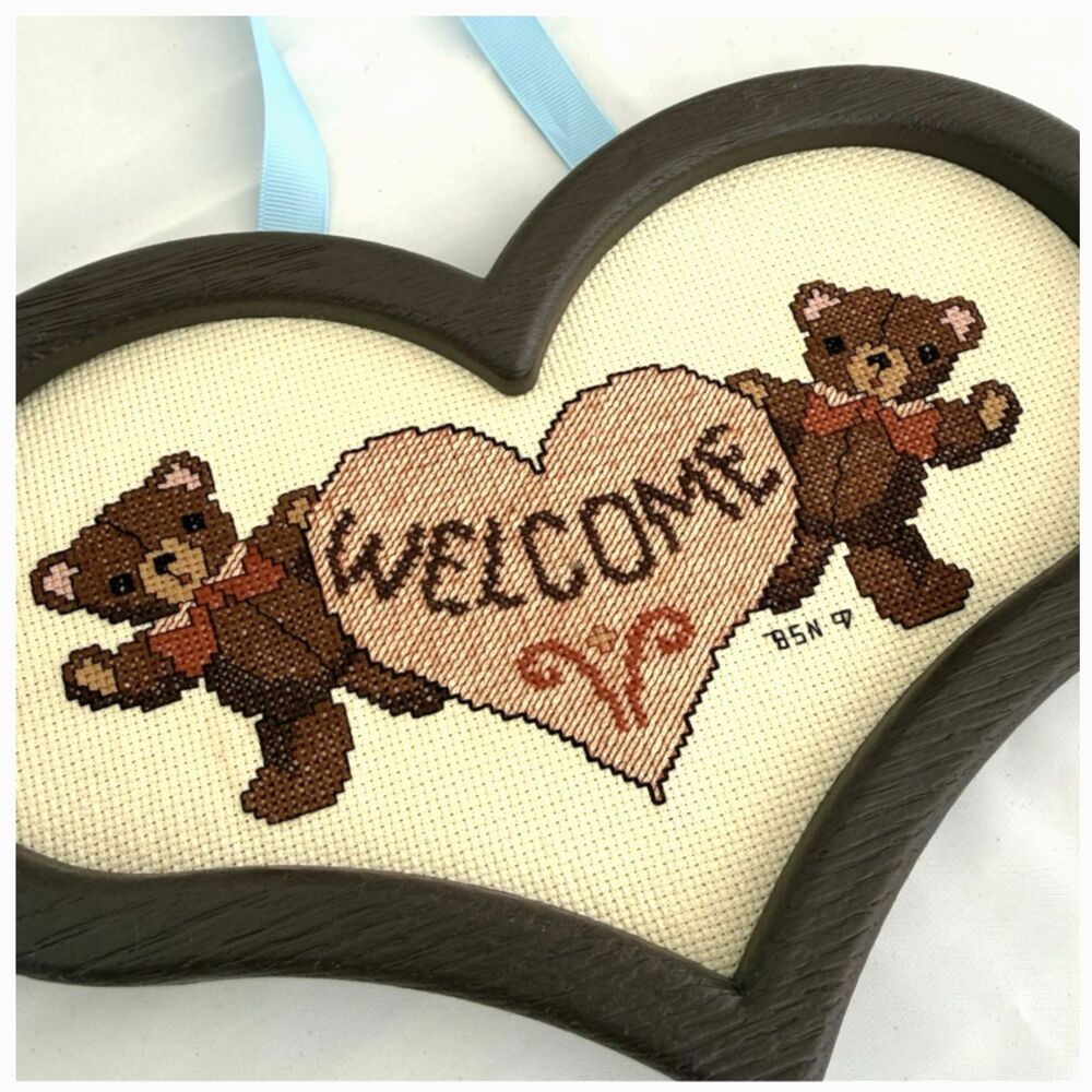 Cross Stitch Welcome Teddy Bear Heart Framed Wall Art Cottagecore Grannycore - Picture 1 of 4